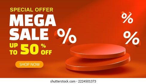 Special offer mega sale, podium percentage, flyer event product. sale off banner. Vector illustration