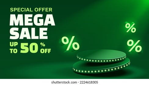 Special offer mega sale, podium percentage, flyer event product. sale off banner. Vector illustration