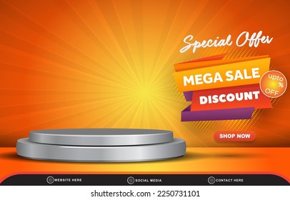 special offer mega sale template banner with blank space 3d podium for product sale with abstract gradient orange and yellow background design