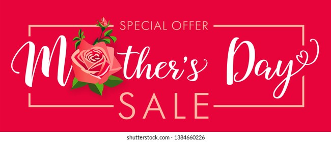 Special offer Mother's Day pink rose Sale banner. Colored discount background for Mother's Day. Best mom ever promotion flyer vector illustration