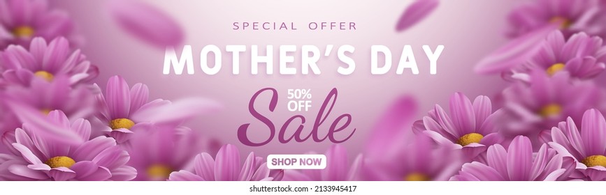 Special offer. Mother's day sale banner with realistic chrysanthemum flowers and advertising discount text decoration. Vector illustration