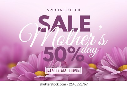 Special offer. Mother's day sale banner with realistic chrysanthemum flowers and advertising discount text decoration. Vector illustration