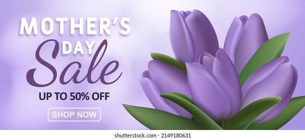 Special offer. Mother's day sale banner with realistic tulip flowers and advertising discount text decoration. Vector illustration