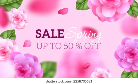 Special offer. Mother's day sale banner with realistic camellia flowers and promotional discount text design. Vector illustration
