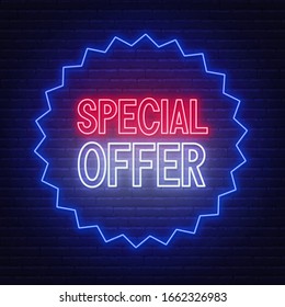 Special offer neon sign on dark background.