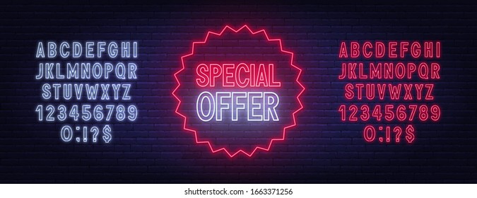 Special offer neon sign on brick wall background.