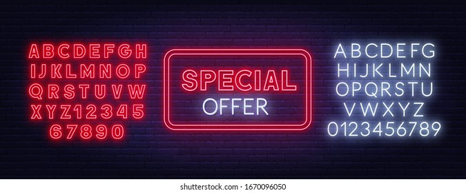 Special offer neon sign on brick wall background.