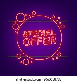 Special Offer neon style red colored. Discount neon label. Vector stock illustration