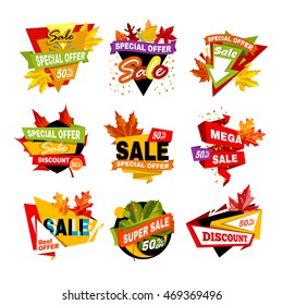 Special offer off banner. Super mega autumn or fall sale, discount, best offer. Symbol of promotion and advertising. Sticker for business. Flat design Vector illustration isolated on white background.