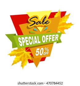 Special offer off banner. Super mega autumn or fall sale, discount, best offer. Symbol of promotion and advertising. Sticker for business. Flat design Vector illustration isolated on white background.