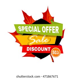 Special offer off banner. Super mega autumn or fall sale, discount, best offer. Symbol of promotion and advertising. Sticker for business. Flat design Vector illustration isolated on white background.