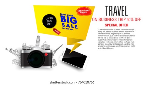 special offer on business travel business trip banner passport with tickets smartphone. Preparing for your journey. Outfit of modern traveler Top view