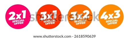 Special offer on coloured rounded tags with different promotions 2x1, 3x1, 3x2 and 4x3 over white background. Sticker for shopping advertising. Vector Commercial tag for Store.