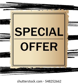 Special offer on elegant gold square with hand draw brush lines on white background. Vector illustration.