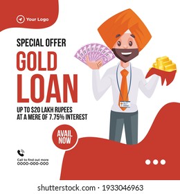 Special offer on gold loan banner design. Man holding money and gold in hand. Vector graphic illustration.