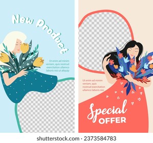 Special offer on new products, feminine frame with transparent background. Spring and summer proposal for clients. Promotional banner and advertisement for shop or store. Vector in flat style