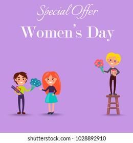 Special offer on Womens Day promotion poster. Children with flowers and gift boxes on purple background vector illustration.
