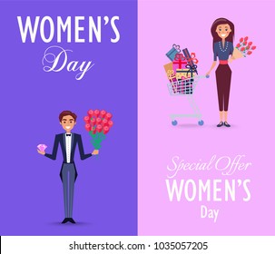 Special offer on womens day vector illustration. Cheerful man holds pink gem and red roses, pretty female stands with store trolley full of gifts