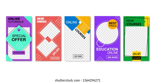 Special Offer for Online Tutorials Set of Frames for Photo Vector Illustration. Geometric Shapes and Forms. Distance Education, Learning, Studying with students with Help of Modern Technologies.