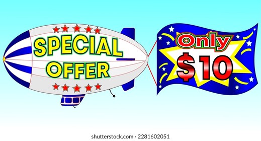 Special offer only $ 10, vector illustration, zeppelin illustration, vector for wholesale and retail trade, blue, white, yellow, red illustration. God is good always!