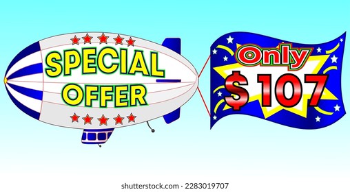 Spezielles Angebot nur $ 107, Vektorgrafik, Zeppelin-Illustration, Vektorgrafik für Groß- und Einzelhandel, Blau, Weiß, Gelb, rote Illustration. Gott ist immer gut!
