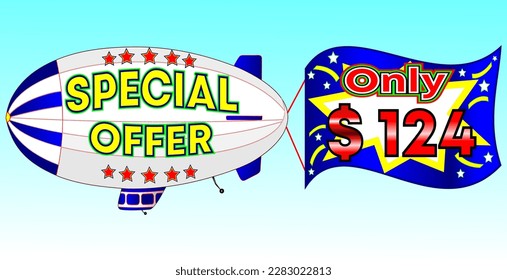 Special offer only $ 124, vector illustration, zeppelin illustration, vector for wholesale and retail trade, blue, white, yellow, red illustration. God is good always!