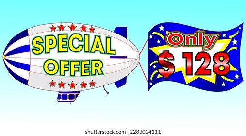Spezielles Angebot nur $ 128, Vektorgrafik, Zeppelin-Illustration, Vektorgrafik für Groß- und Einzelhandel, Blau, Weiß, Gelb, rote Illustration. Gott ist immer gut!