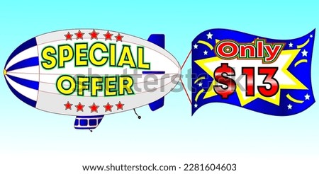 Special offer only $ 13, vector illustration, zeppelin illustration, vector for wholesale and retail trade, blue, white, yellow, red illustration. God is good always!