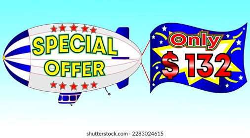 Special offer only $ 132, vector illustration, zeppelin illustration, vector for wholesale and retail trade, blue, white, yellow, red illustration. God is good always!