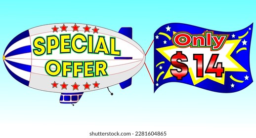 Spezielles Angebot nur $ 14, Vektorgrafik, Zeppelin-Illustration, Vektorgrafik für Groß- und Einzelhandel, Blau, Weiß, Gelb, rote Illustration. Gott ist immer gut!