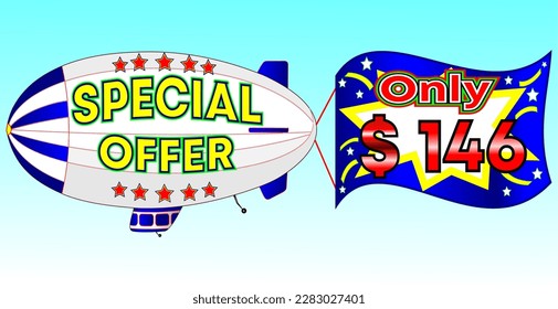 Special offer only $ 146, vector illustration, zeppelin illustration, vector for wholesale and retail trade, blue, white, yellow, red illustration. God is good always!