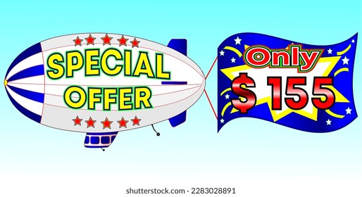 Oferta especial sólo $ 155, ilustración vectorial, ilustración de zeppelin, vector para comercio mayorista y minorista, ilustración azul, blanco, amarillo, rojo. ¡Dios siempre es bueno!