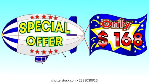 Special offer only $ 168, vector illustration, zeppelin illustration, vector for wholesale and retail trade, blue, white, yellow, red illustration. God is good always!