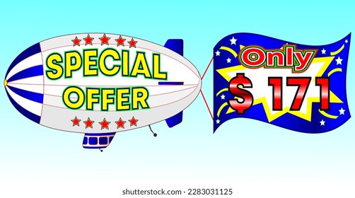 Special offer only $ 171, vector illustration, zeppelin illustration, vector for wholesale and retail trade, blue, white, yellow, red illustration. God is good always!