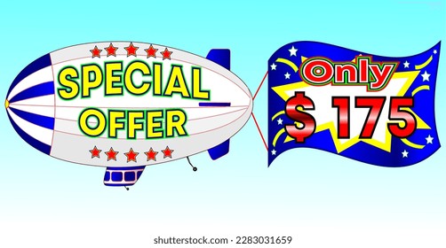 Special offer only $ 175, vector illustration, zeppelin illustration, vector for wholesale and retail trade, blue, white, yellow, red illustration. God is good always!