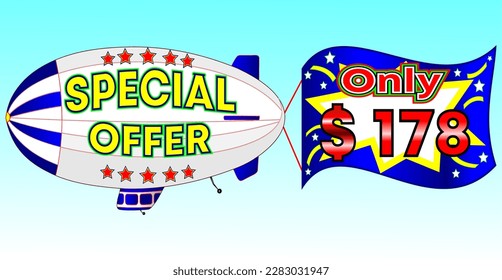 Special offer only $ 178, vector illustration, zeppelin illustration, vector for wholesale and retail trade, blue, white, yellow, red illustration. God is good always!