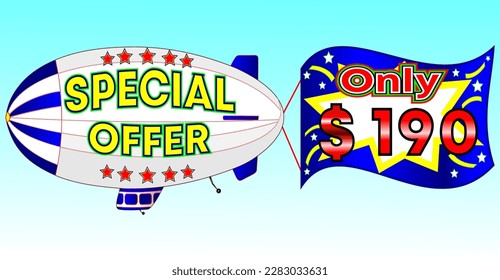 Special offer only $ 190, vector illustration, zeppelin illustration, vector for wholesale and retail trade, blue, white, yellow, red illustration. God is good always!