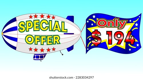 Special offer only $ 194, vector illustration, zeppelin illustration, vector for wholesale and retail trade, blue, white, yellow, red illustration. God is good always!