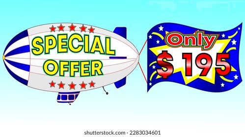Special offer only $ 195, vector illustration, zeppelin illustration, vector for wholesale and retail trade, blue, white, yellow, red illustration. God is good always!