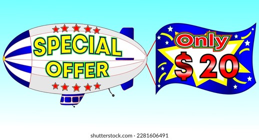 Special offer only $ 20, vector illustration, zeppelin illustration, vector for wholesale and retail trade, blue, white, yellow, red illustration. God is good always!