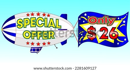 Special offer only $ 26, vector illustration, zeppelin illustration, vector for wholesale and retail trade, blue, white, yellow, red illustration. God is good always!