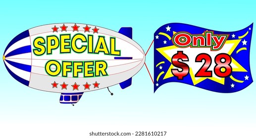 Spezielles Angebot nur $ 28, Vektorgrafik, Zeppelin-Illustration, Vektorgrafik für Groß- und Einzelhandel, Blau, Weiß, Gelb, rote Illustration. Gott ist immer gut!