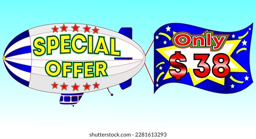 Special offer only $ 38, vector illustration, zeppelin illustration, vector for wholesale and retail trade, blue, white, yellow, red illustration. God is good always!