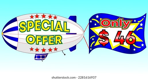 Oferta especial sólo $ 46, ilustración vectorial, ilustración de zeppelin, vector para comercio mayorista y minorista, ilustración azul, blanco, amarillo, rojo. ¡Dios siempre es bueno!