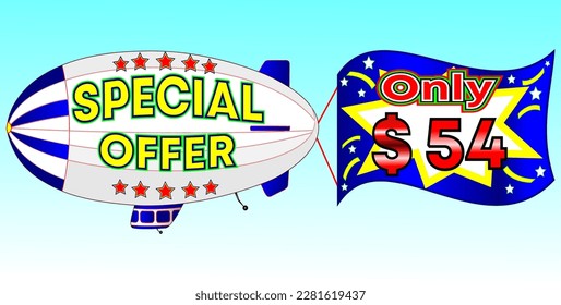 Oferta especial sólo $ 54, ilustración vectorial, ilustración de zeppelin, vector para comercio mayorista y minorista, ilustración azul, blanco, amarillo, rojo. ¡Dios siempre es bueno!