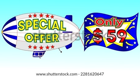 Special offer only $ 59, vector illustration, zeppelin illustration, vector for wholesale and retail trade, blue, white, yellow, red illustration. God is good always!