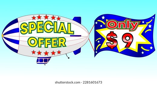 Special offer only $ 9, vector illustration, zeppelin illustration, vector for wholesale and retail trade, blue, white, yellow, red illustration. God is good always!