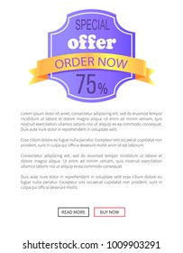 Special offer order now 75% percent off discount label on poster with place for text and web buttons read more and buy now vector illustration banner