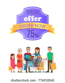 Special offer order now 75 % off promo label on poster with people making purchases, big family on shopping vector illustration isolated on white