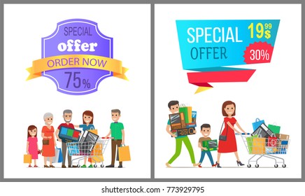 Special offer order now colorful discount banner, vector illustration with advertising text isolated on lilac and blue backgrounds, joyful families